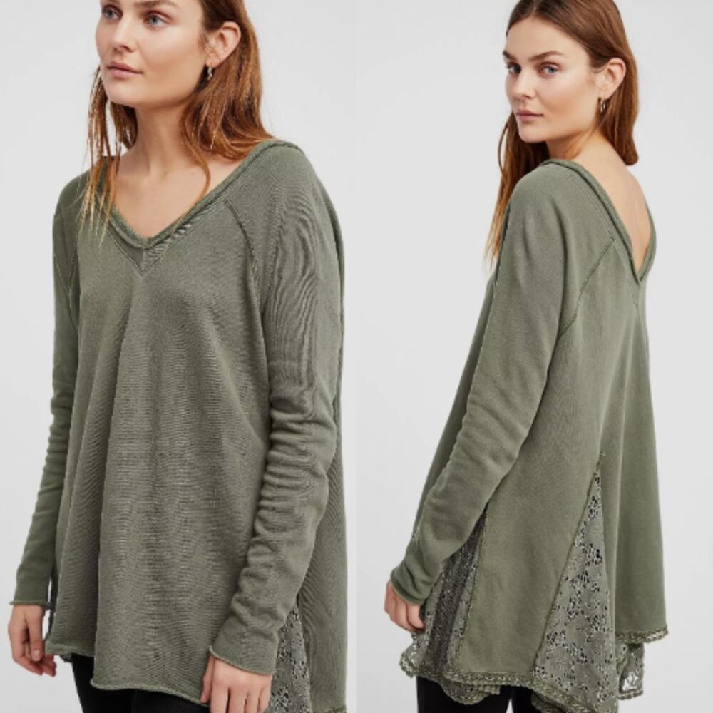 Free People Women's No Frills Lace Inset Pullover Top Green Cotton Oversized